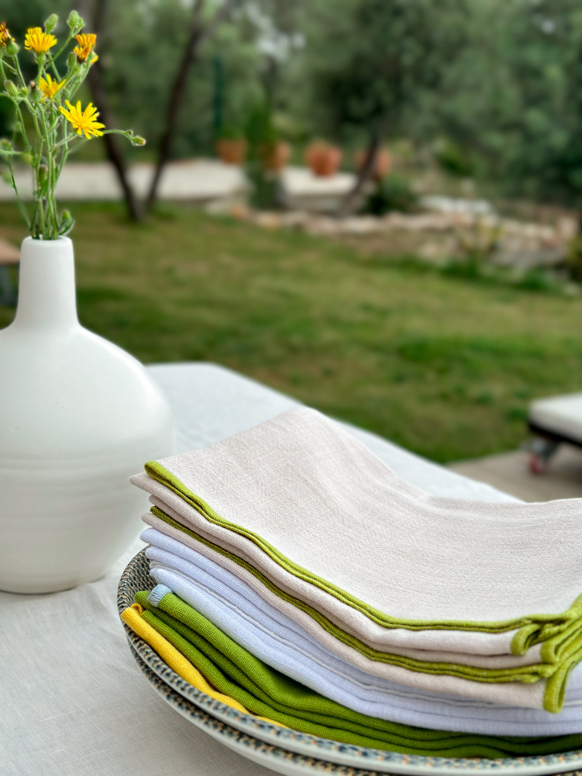 Natural Cotton Napkin with Handcrafted Green Edges