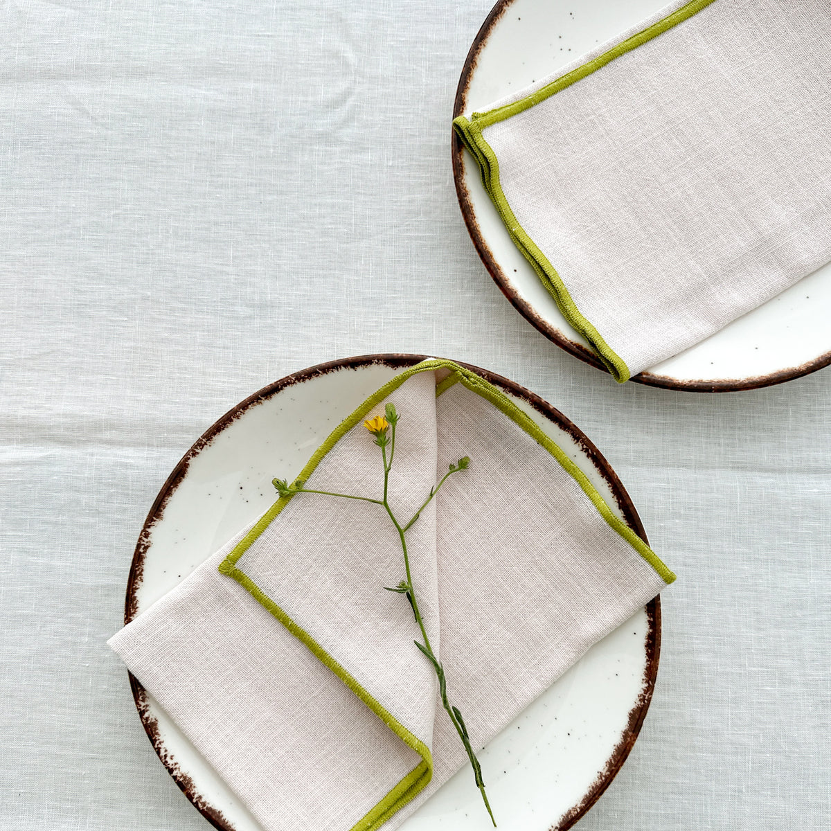 Natural Cotton Napkin with Handcrafted Green Edges