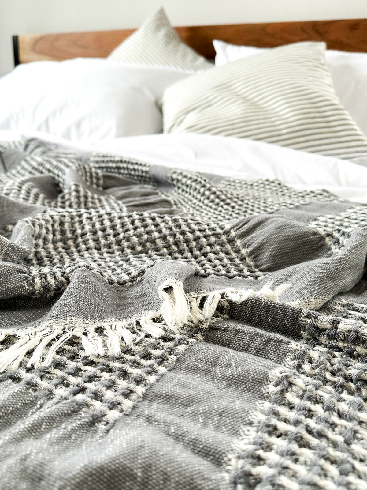 Stone Gray Soft Waffle Blanket with Fringes