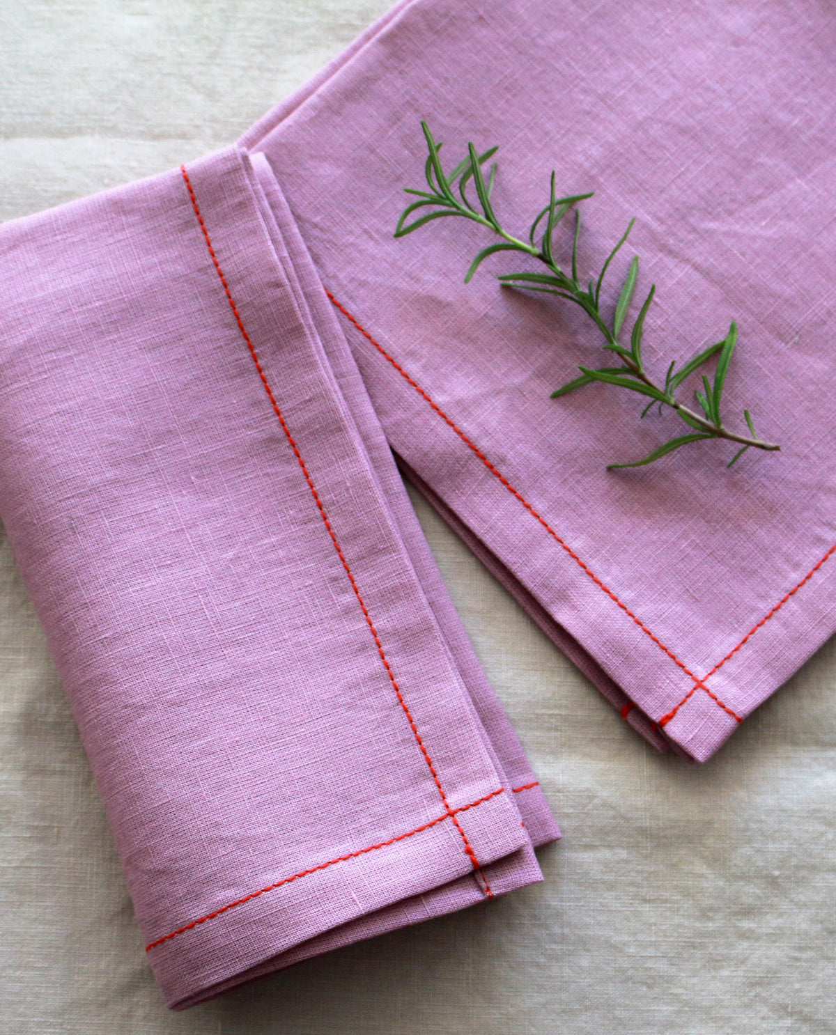 Woodrose Linen Napkin Set with Red Stitch