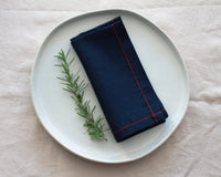 Navy Linen Napkin Set with Red Stitch