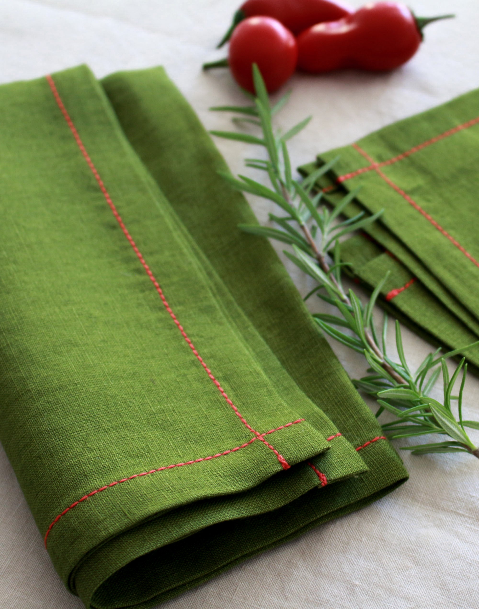 Pair Green Towels for Spring Ruffled Linen Towels Green Red and