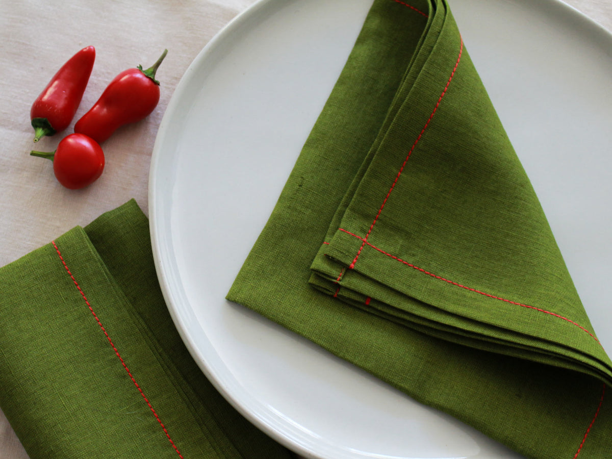 Forest Green Linen Napkin Set with Red Stitch