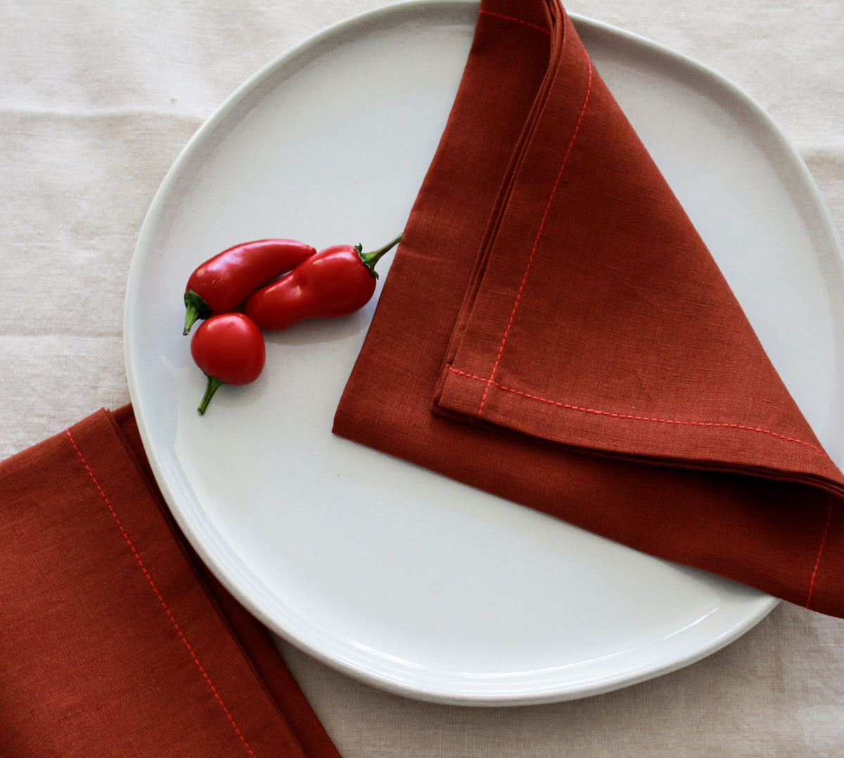 Terracotta Linen Napkin Set with Red Stitch