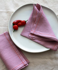 Woodrose Linen Napkin Set with Red Stitch