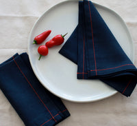 Navy Linen Napkin Set with Red Stitch