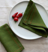 Forest Green Linen Napkin Set with Red Stitch