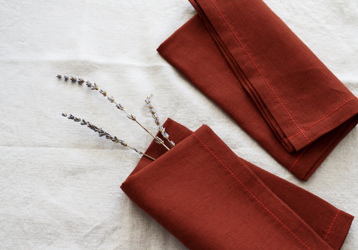 Terracotta Linen Napkin Set with Red Stitch