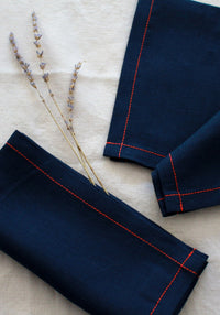 Navy Linen Napkin Set with Red Stitch