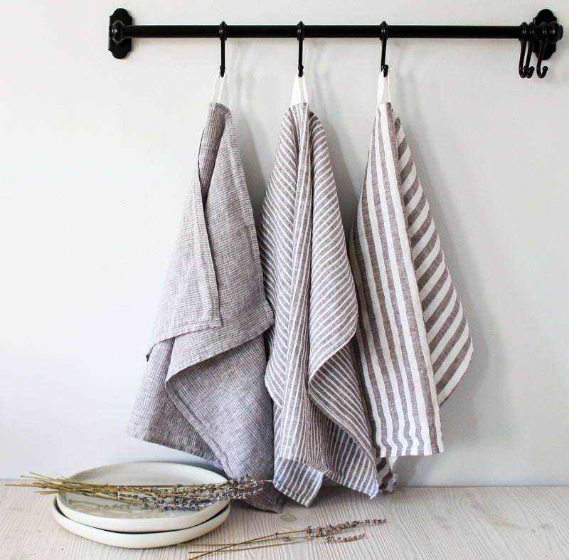 Striped Linen Tea Towel, Linen hand towel, Grey White linen towel